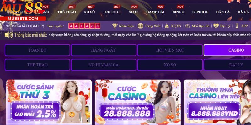Đặt cược Casino nhận hoàn thua lên đến 28.888.888VND tại MU88